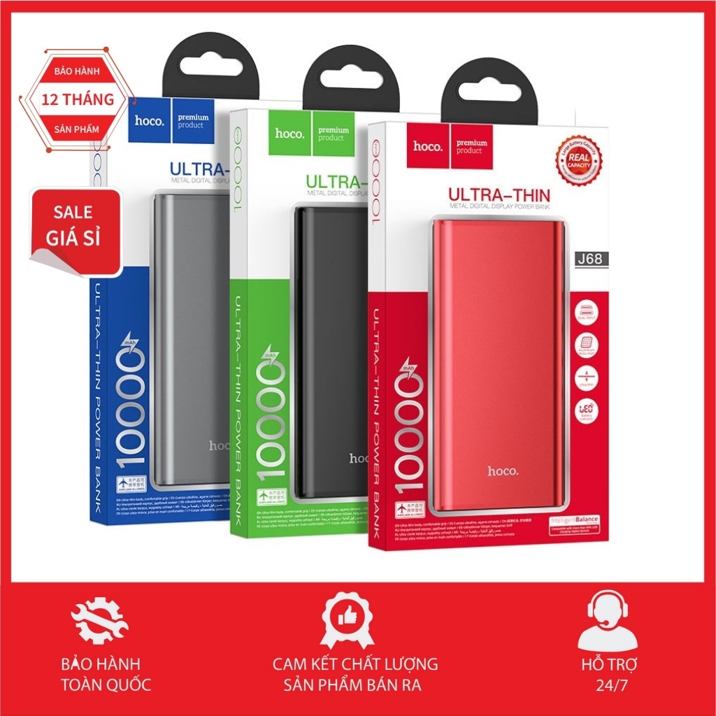 Pin sạc dự phòng Hoco J68 Resourceful 10000mAh Output 2A, LCD, Vỏ kim loại - Hàng chính hãng