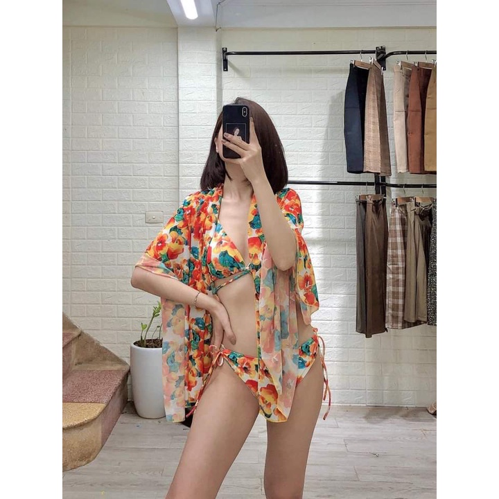Sét bikini 2 mảnh kèm khăn hoa cam đồ bơi nữ đi biển KONKUN MS112