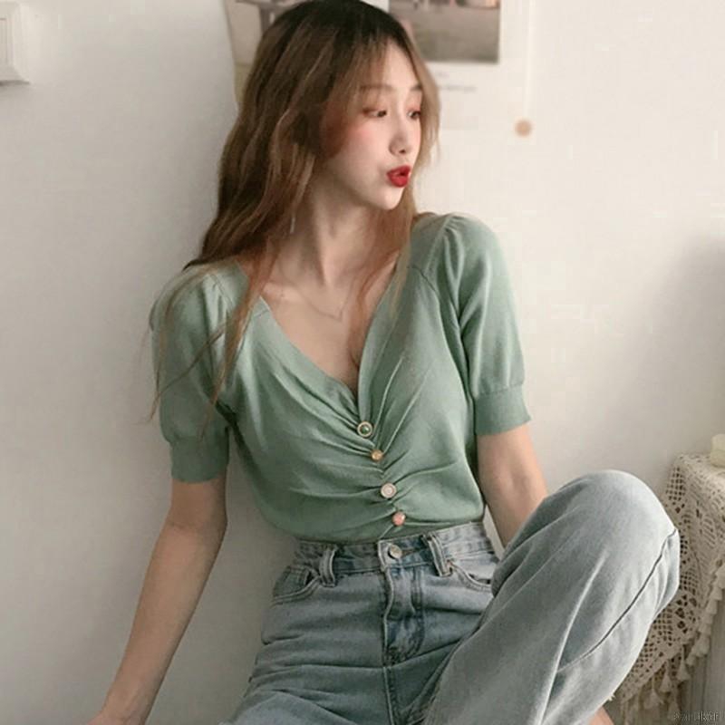 Áo Croptop Dệt Kim Tay Phồng Thiết Kế Cổ Chữ V Quyến Rũ