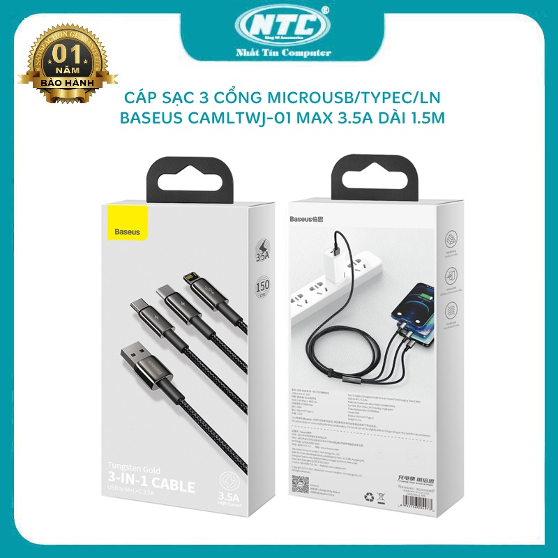 Cáp sạc và truyền data Baseus CAMLTWJ-01 Tungsten Gold 3 IN 1 dài 1.5m 3 cổng MicroUSB/ TypeC/ LN max 3.5A (Đen)
