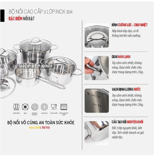 Bộ nồi 3 lớp đáy liền inox 304 Fivestar Plus quai oval nắp kính (1quánh16cmx 1nồi 18cmx 1nồi 20cm x 1nồi 24cm)