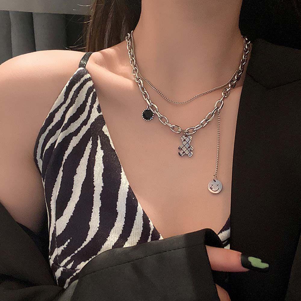 Dây Chuyền Choker Hai Lớp Mặt Hình Mặt Cười Bằng Kim Loại Phong Cách Hip Hop Thời Trang Cho Nữ