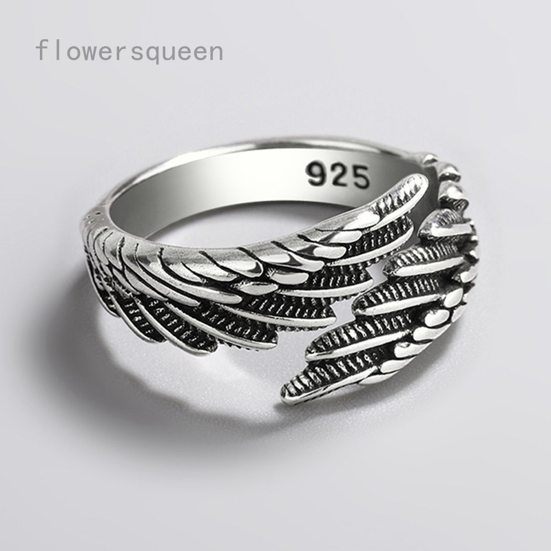 flowersqueen Nhẫn hở mạ bạc S925 hình đôi cánh thiên thần thời trang cho cặp đôi