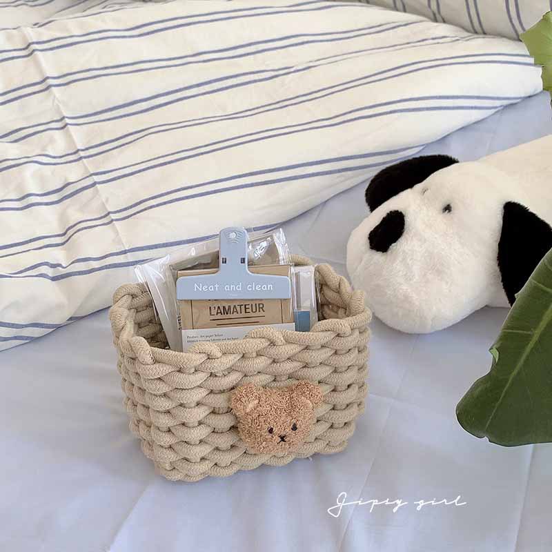 Giỏ Đựng Đồ Ăn Vặt / Đồ Dùng Bằng Cotton Lanh Dệt Tay Hình Gấu Dễ Thương Tiện Dụng
