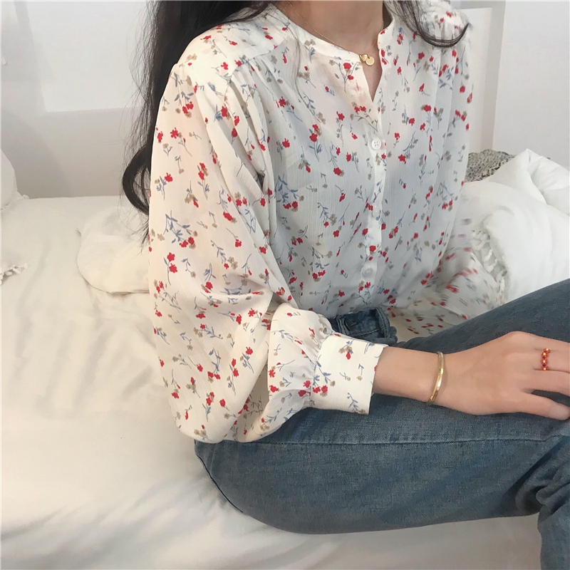 Women  Chiffon Long Sleeve Shirt Small Floral Retro Fresh Gentle Top | BigBuy360 - bigbuy360.vn