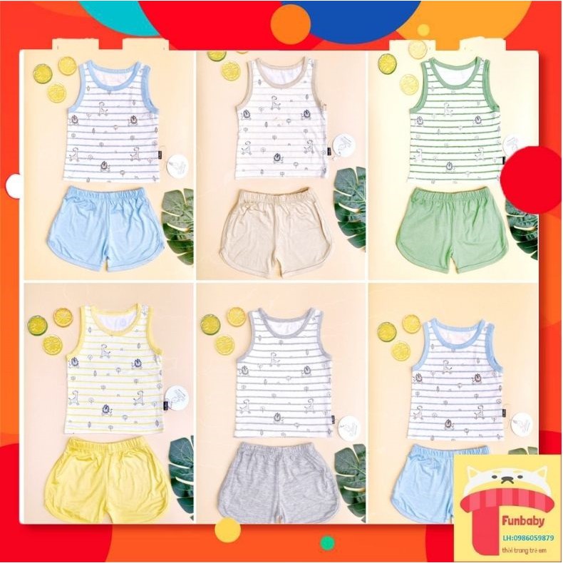 Bộ ba lỗ bé trai 6m-4 tuổi in hình phối kẻ, Quần áo hè cho bé chất liệu vải thun lạnh