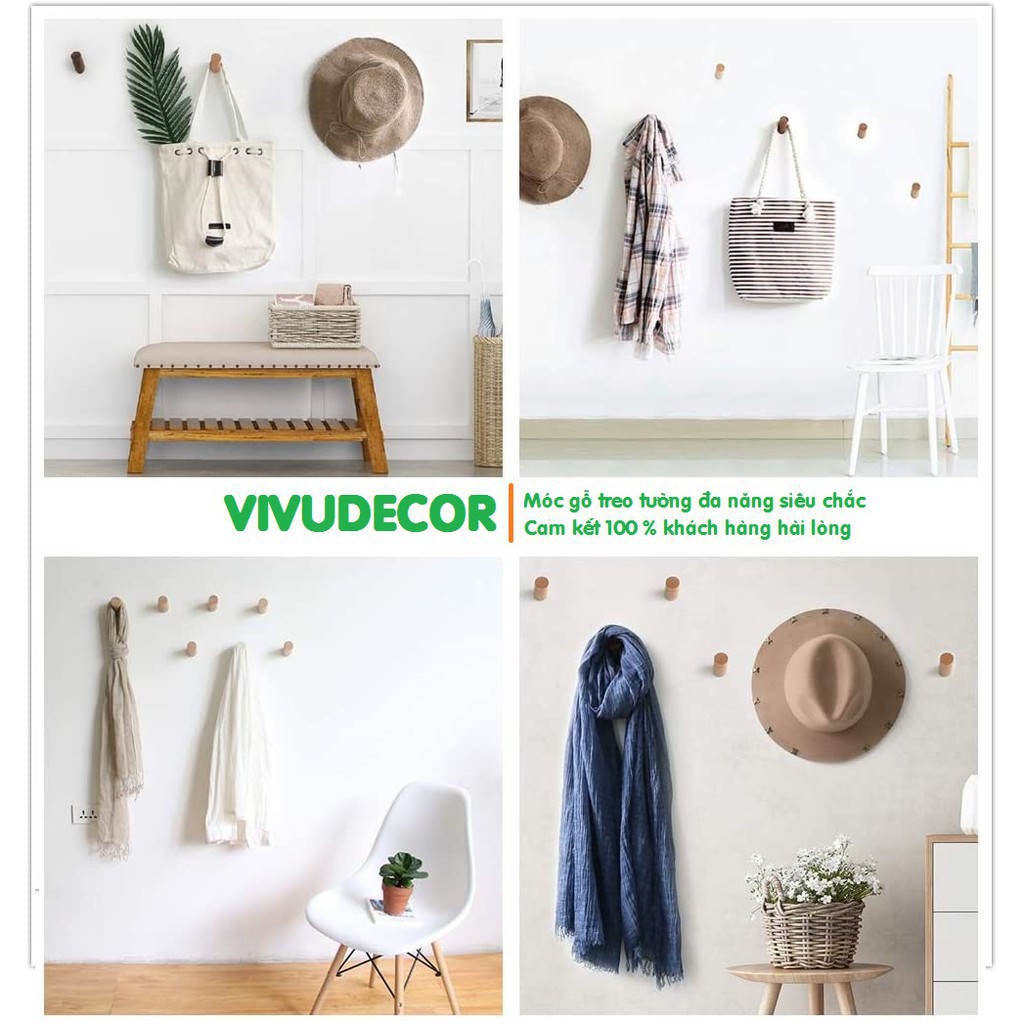 Móc treo quần áo Vivudecor gỗ decor trang trí phòng ngủ 3 màu thanh giữ đồ đa năng vintage