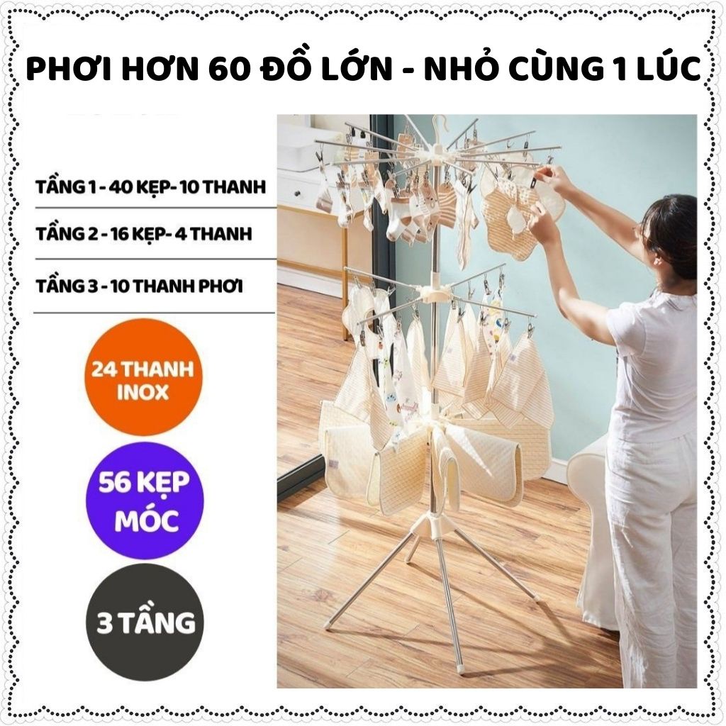 Cây phơi quần áo inox gấp gọn 3 tầng 56- 80 kẹp móc quần áo cho trẻ sơ sinh  Zozon