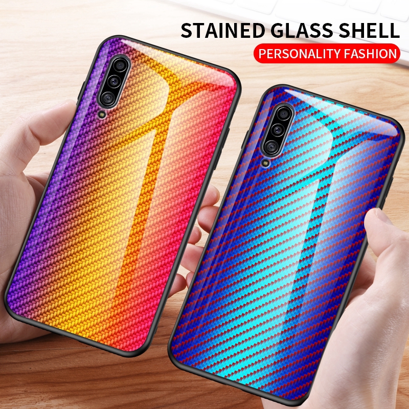 For Samsung A90 5G A10s M10s A50s A30s A50 A20s Carbon Fiber Glossy Texture Tempered Glass Phone Case