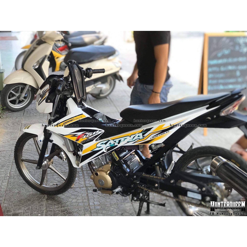 Tem rời cao cấp dán xe Raider FI màu trắng, phối màu vàng cá tính. Decal không bay màu