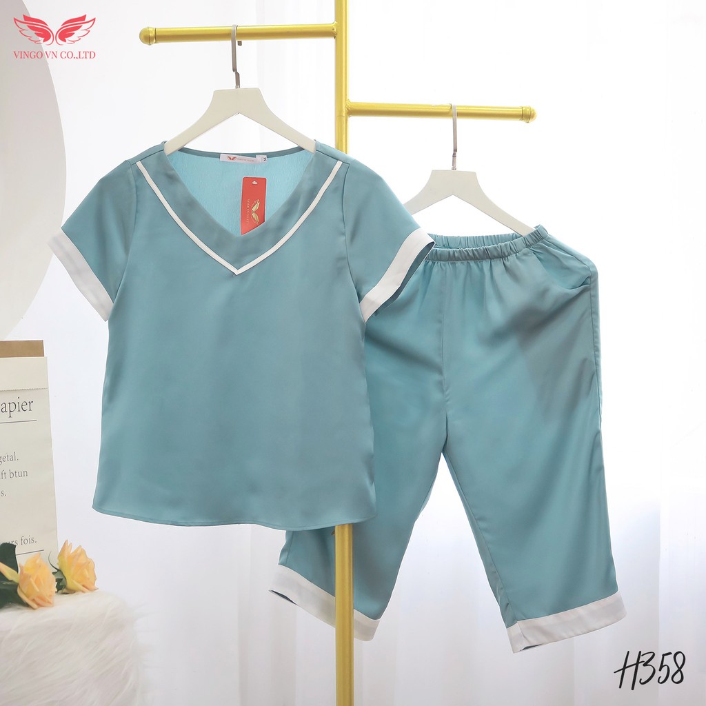 Bộ Đồ Nữ Pyjama Mặc Nhà VINGO  Lụa Hàn Trơn Tay Cộc Quần Lửng Cổ V Phối Viền Trắng H358 VNGO - TCTL