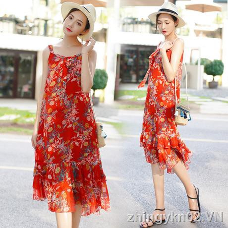 【In Stock & COD】Đầm Dây Đi Biển Vải Chiffon Màu Đỏ Thời Trang Mùa Hè 2017