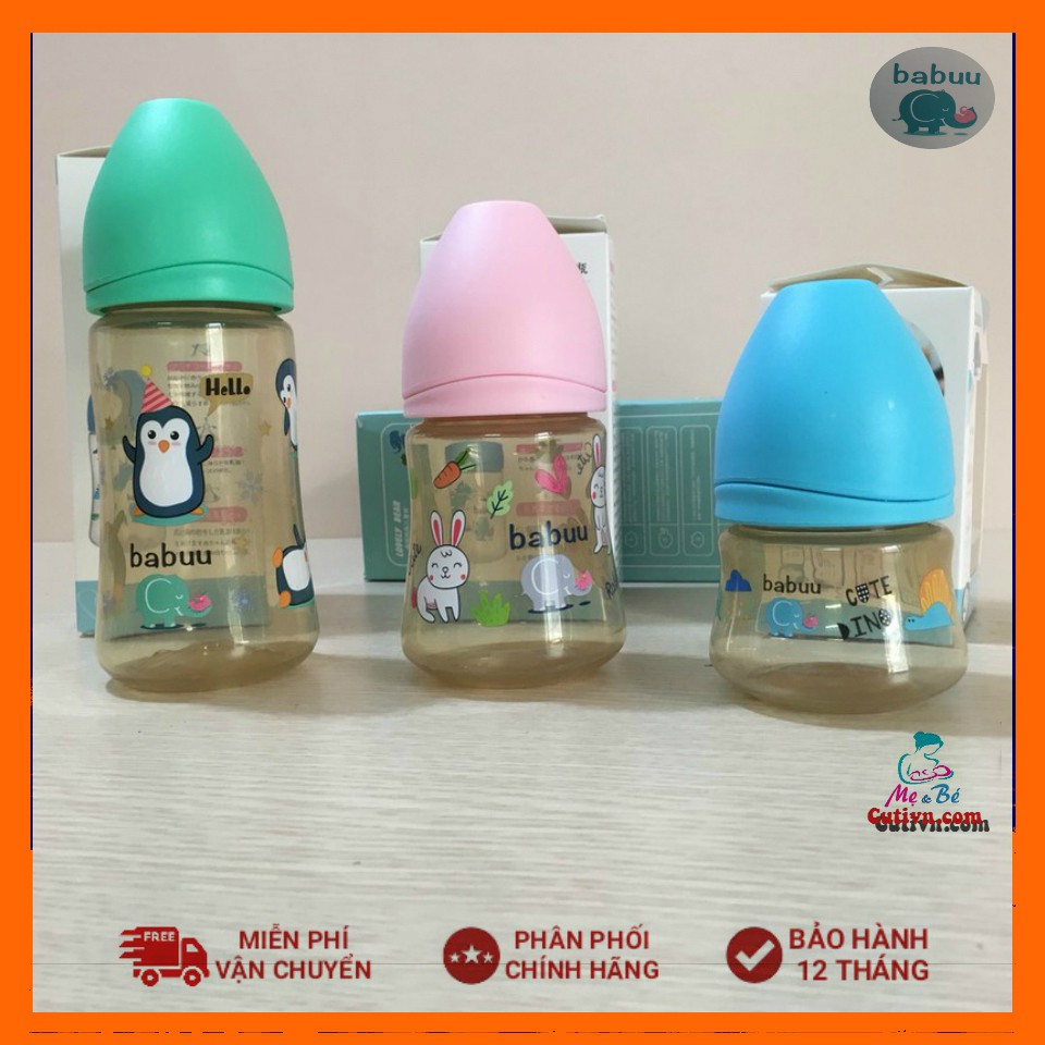 Bình sữa cổ rộng nắp sóng Babuu Baby nhựa PPSU không chứa BPA Nhật bản (tặng kèm 1 núm ti thay thế) 90ml,160ml,240ml