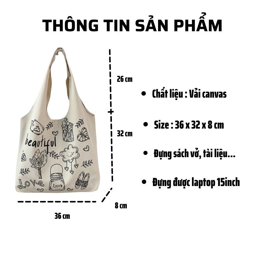 Túi tote vải canvas đi học đi làm phong cách Hàn Quốc