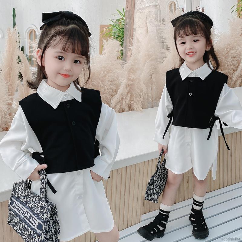 Bộ áo sát nách màu đen + đầm sơ mi màu trắng phong cách Hàn Quốc thời trang cho bé gái