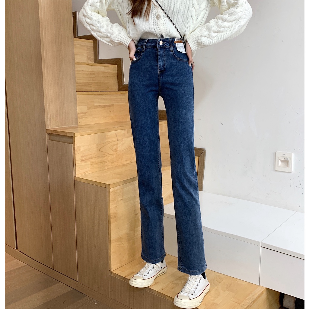 Quần Jeans Lưng Cao Ống Đứng Màu Xanh Dương Phong Cách Hàn Quốc Thời Trang Mùa Thu Cho Nữ 2021