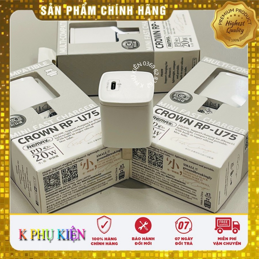 Củ sạc nhanh 20W Remax RP-U75 chuẩn PD chính hãng