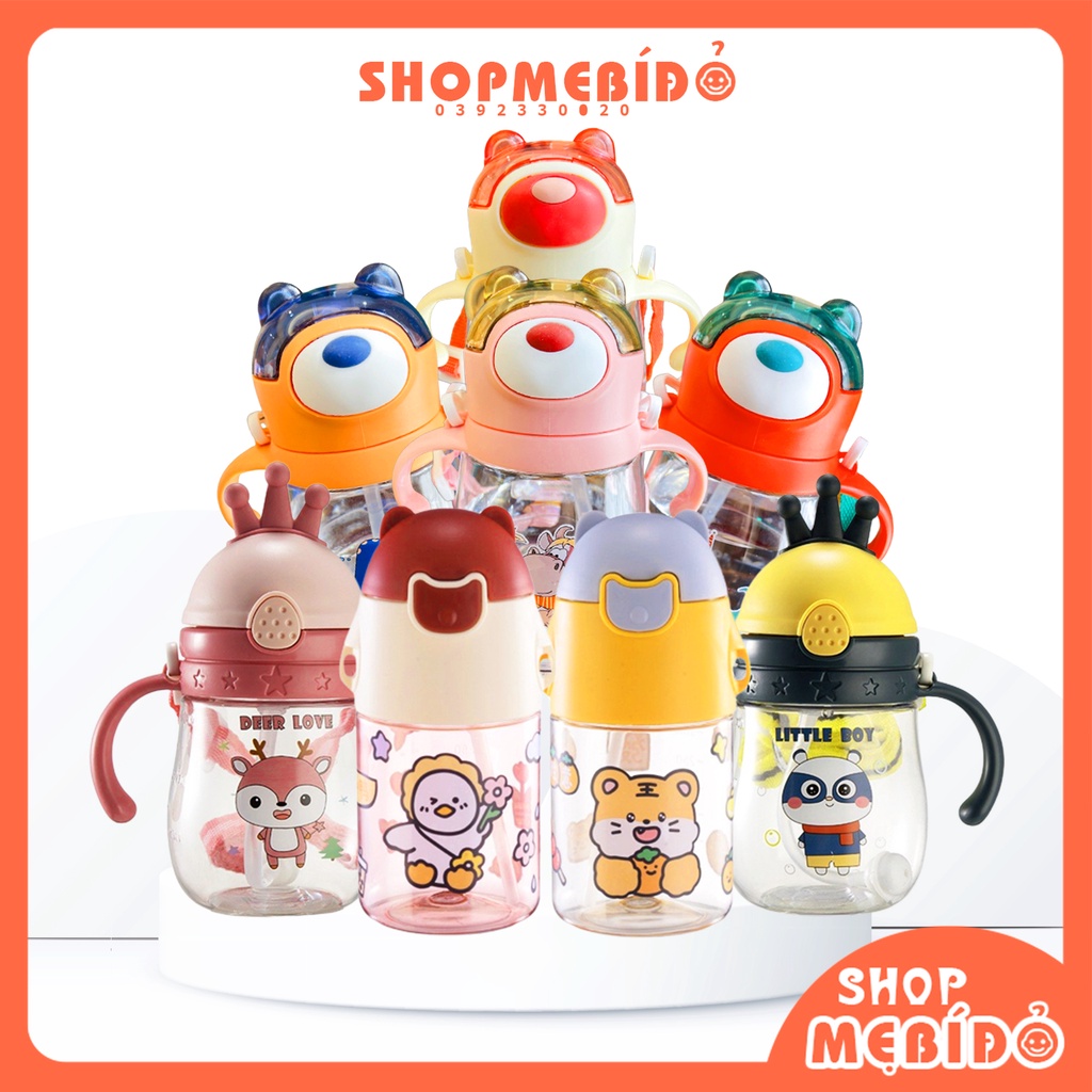 Bình tập uống nước cho bé đi học 250-600ml có ống hút dây đeo nhiều màu dễ thương - Shop Mẹ Bí Đỏ