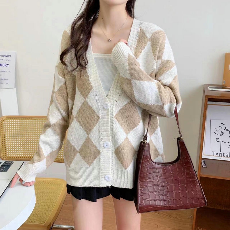 Áo Sweater Tay Dài Họa Tiết Hình Thoi Màu Sắc Tương Phản Phong Cách Hàn Quốc 198524 Áo Khoác Dệt Kim Dáng Rộng Thời Trang Retro Mùa Thu