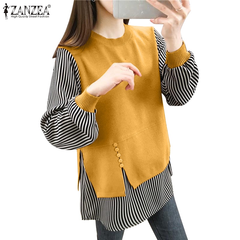 Áo ZANZEA họa tiết kẻ sọc dáng rộng cổ tròn tay áo dài thời trang cho nữ