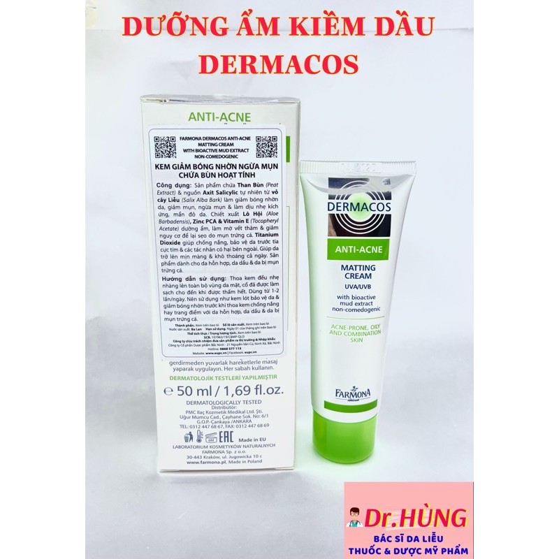 Kem Dưỡng Ẩm Cho Da Bóng Dầu Dermacos 50ml Kiềm dầu, Ngừa Mụn,Giảm Kích Ứng