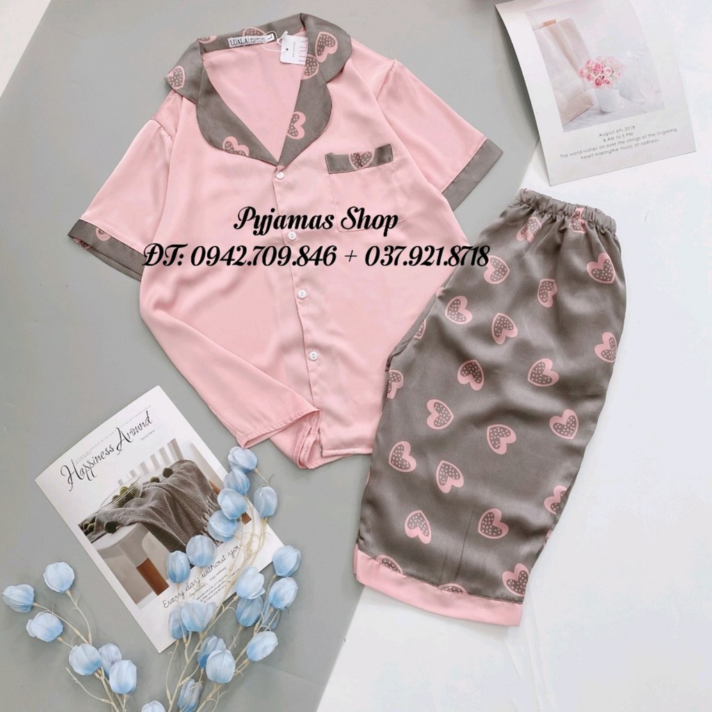 Đồ ngủ lụa Pijama  - trái tim - quần lửng - vải đẹp loại 1