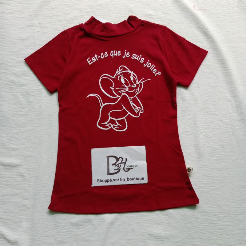 Áo Thun Nữ Cổ Lọ Tay Ngắn In Hình Chuột Jerry Chất Vải Cotton Co Giãn 4 Chiều Ôm Body  Cổ Cao Nhiều Màu