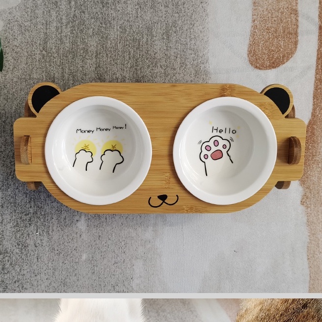 Bát ăn cho mèo bằng sứ cao cấp chống gù lưng - chén ăn đế gỗ chống lật cho thú cưng