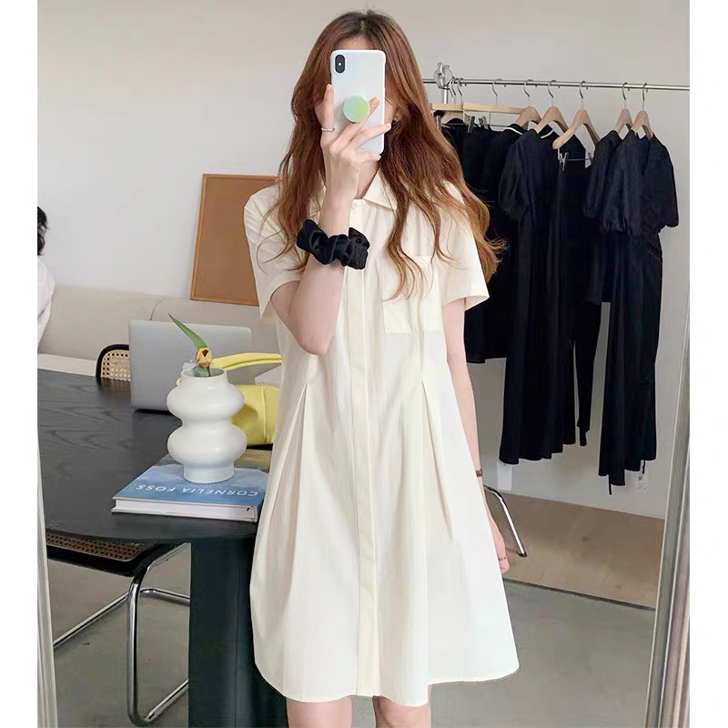 Đầm váy polo cổ sơ mi thô túi ngực xếp ly eo cộc tay ulzzang chất thô V16 VAVASA