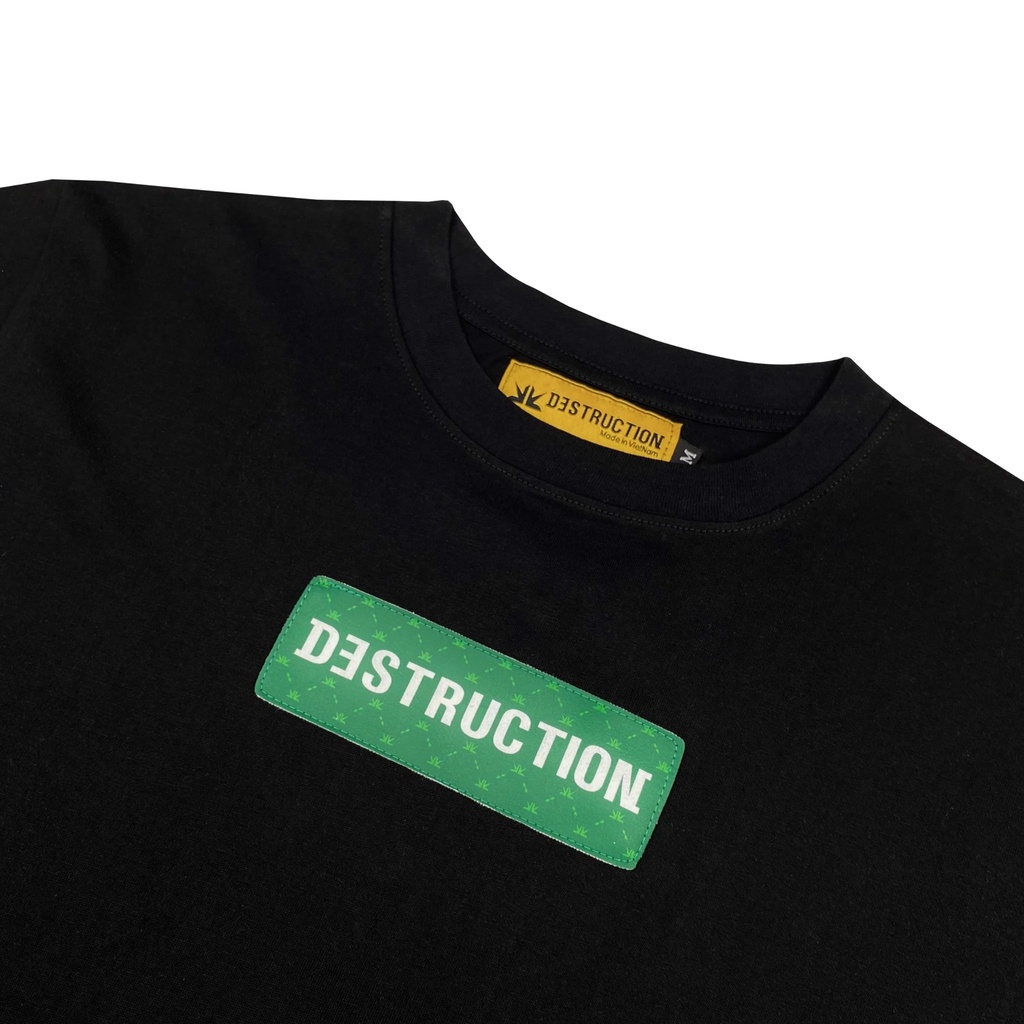 Áo thun nam nữ local brand Destruction cổ tròn may logo da màu xanh lá