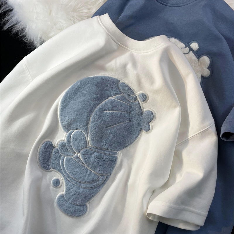 Áo Thun Tay Ngắn Dáng Rộng In Hình Doraemon Phong Cách Âu Mỹ Thời Trang Mùa Hè Cho Nữ