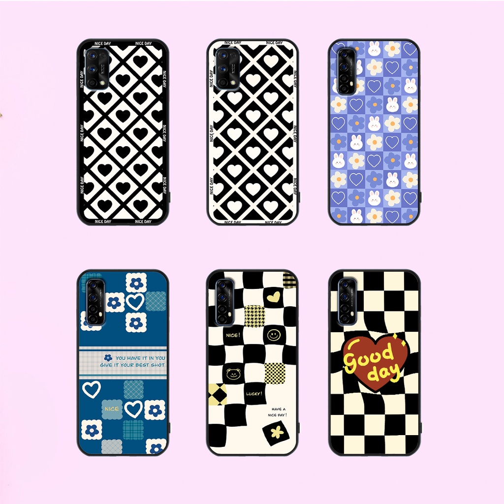Ốp lưng Realme 7 - Realme 7 Pro in hoạ tiết caro trái tim đen trắng, gấu bear cute đáng yêu