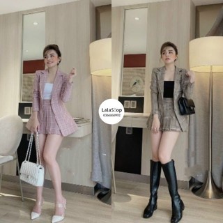 Set caro áo vest & chân váy xếp ly 3 món lala shop