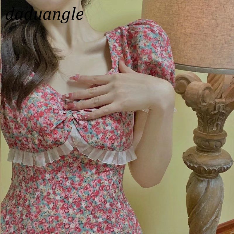 Đầm dài dáng ôm cổ V lưng cao in hoa hồng thời trang hè 2022 mới cho nữ