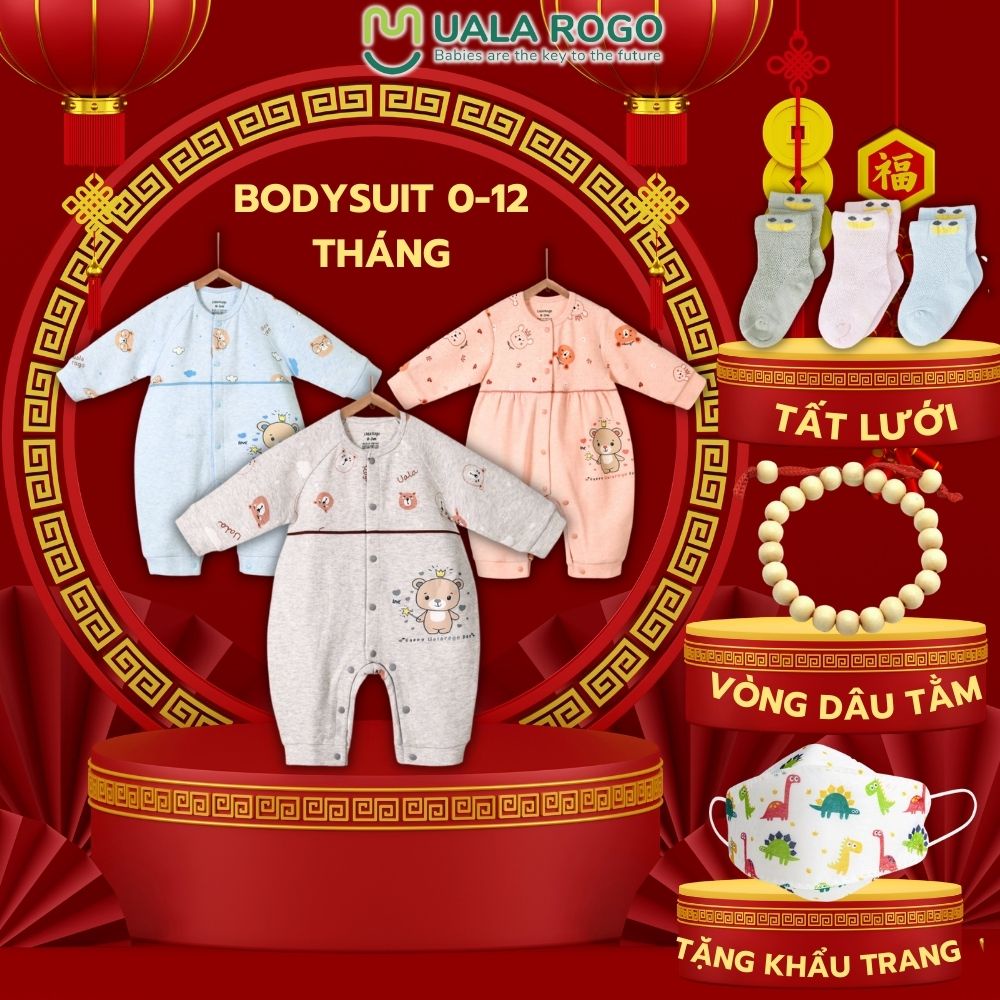 Bodysuit cho bé sơ sinh Uala rogo 0-1 tuổi cotton nỉ nhẹ ấm áp gọn gàng cúc bấm giữa áo liền quần 3921