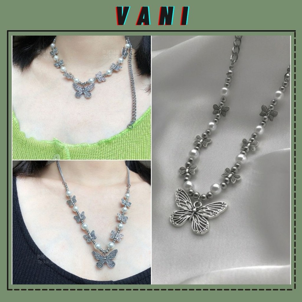 Dây Chuyền, Vòng Cổ, Choker Hình Bướm Lớn Phối Bướm Nhỏ Đính Hạt Châu Unisex - Vani Store