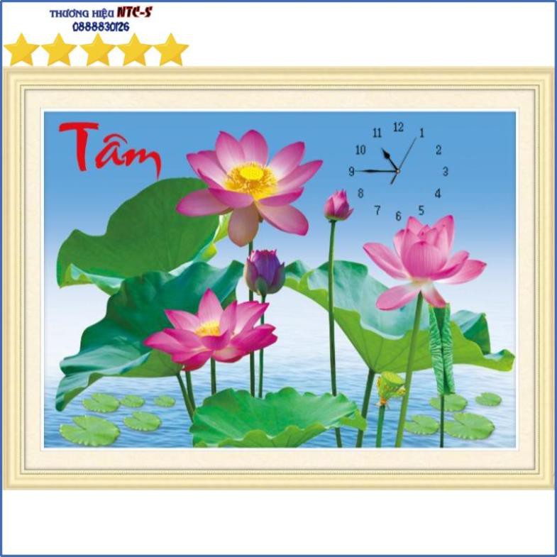 Tranh thêu chữ thập Đồng Hồ Tâm hoa sen 3D Ailuo AL53555 |78x58cm| -Chưa thêu