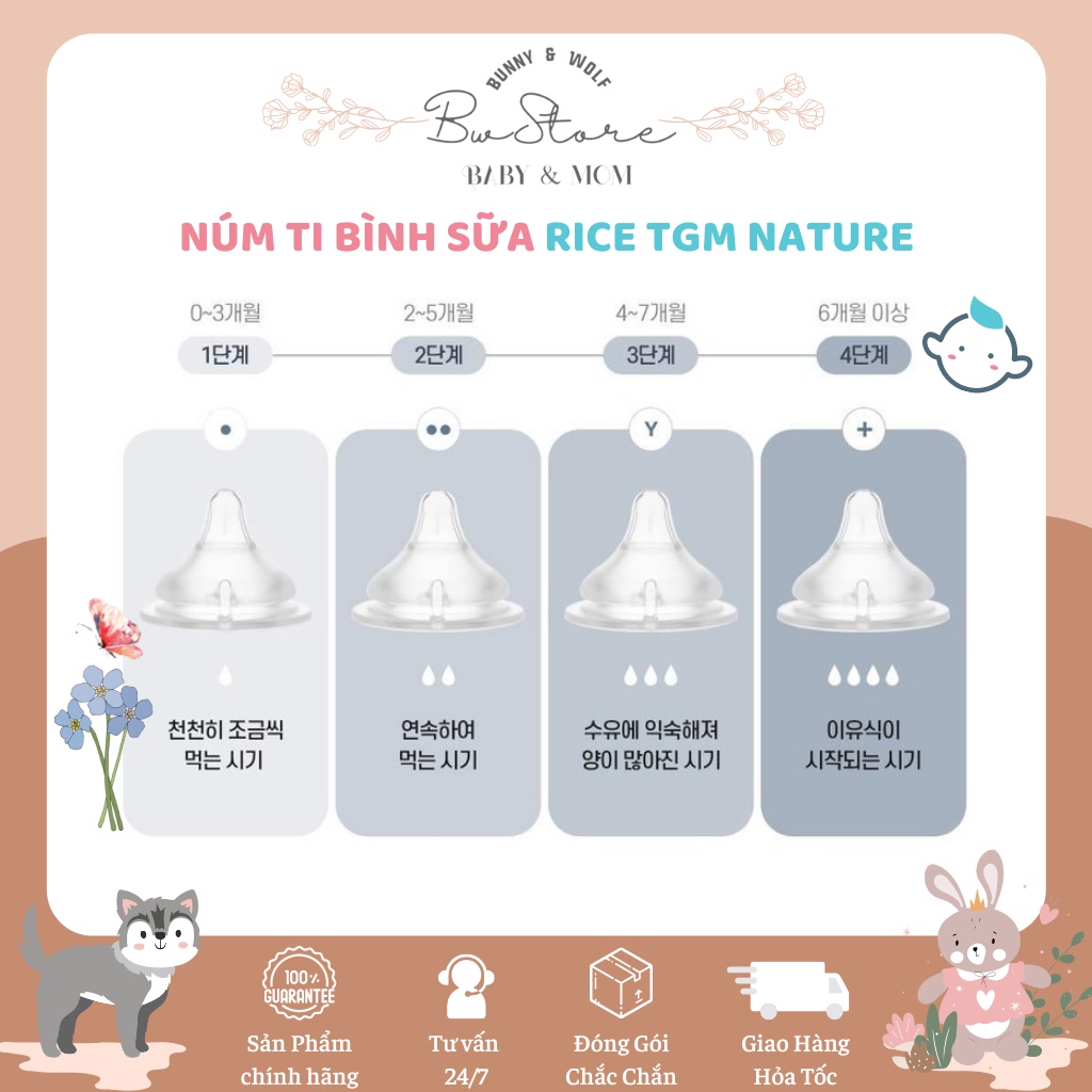 [Hàng Air - Cam kết chính hãng] Tách Set/ Núm Ti Bình sữa Rice TGM Nature nội địa Hàn Quốc