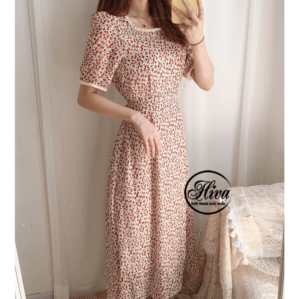 Váy hoa nhí ren trắng tay ngắn ulzzang dáng dài vintage , Đầm dự tiệc cổ vuông chiffon