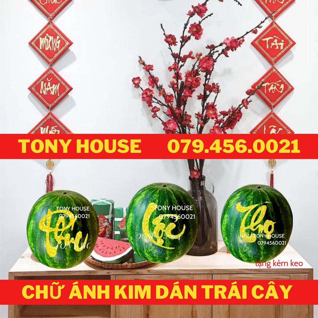 Chữ nhung thư pháp PHÚC - LỘC - PHÁT - TÀI dán dưa hấu & bưởi trang trí Tết  - TONY HOUSE