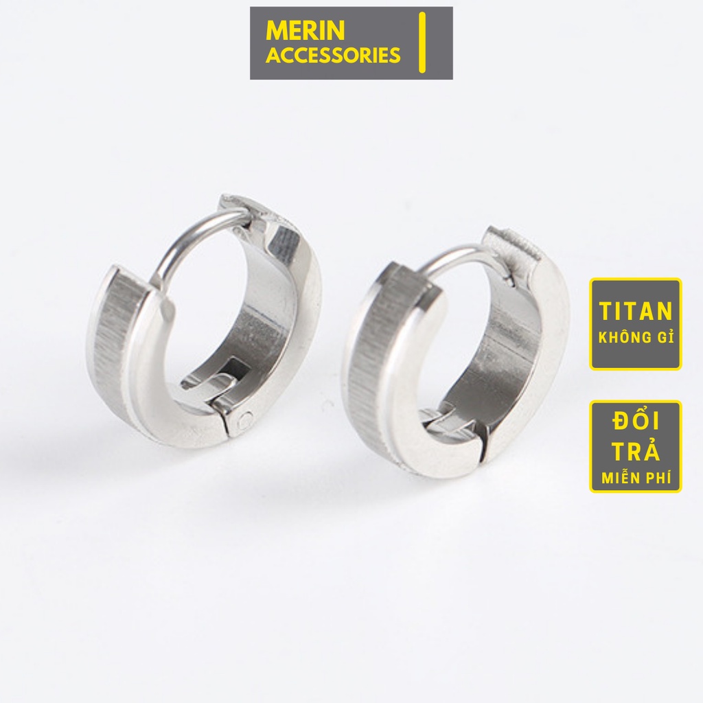 Khuyên tai nam tròn dạng xỏ Merin Accessories màu bạc đen đơn giản đẹp - Hoa tai Square