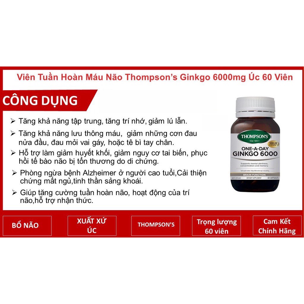 Viên Uống Bổ não Ginkgo Biloba Thompson's 6000mg Úc 60 Viên