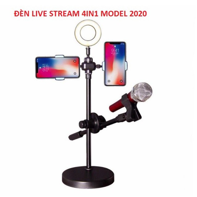 Đèn Live Stream 4in1 Để Bàn Có Chân Đỡ Micro LivesTream Hai Điện Thoại - Bộ Giá Đỡ Điện Thoại Livestream 4in1