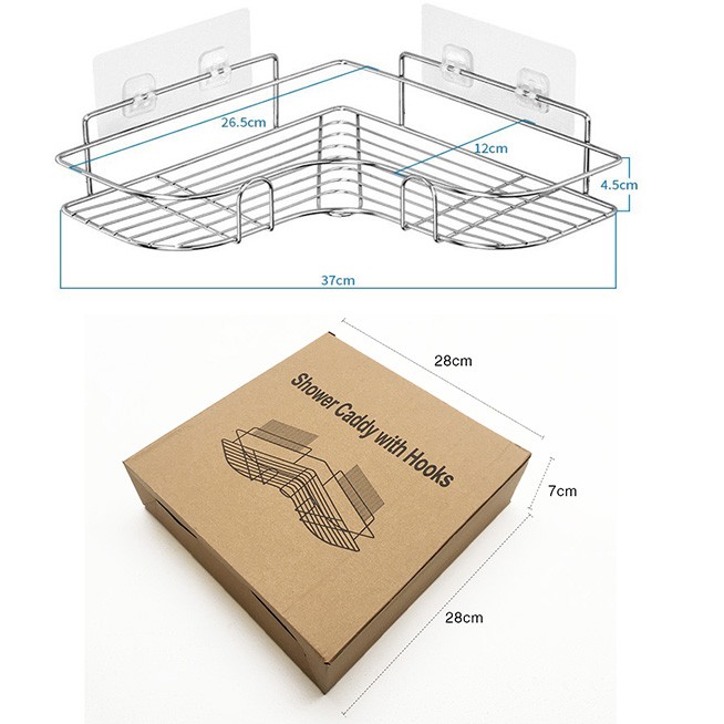 Kệ góc dùng trong nhà tắm, nhà bếp bằng inox không gỉ kèm móc dán tường cao cấp