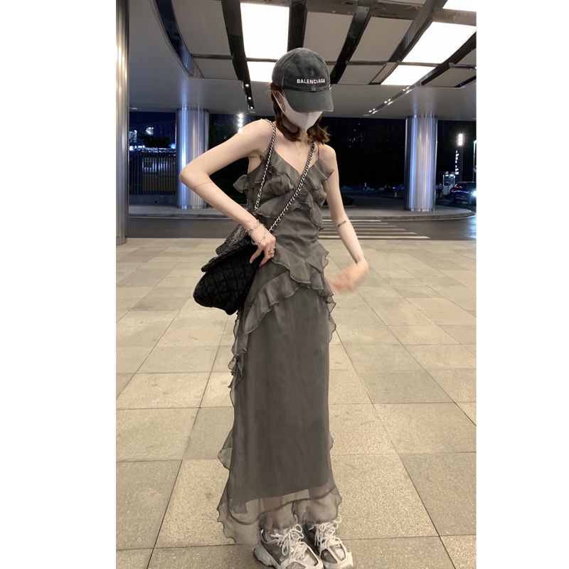 Đầm Chiffon Dáng Dài Màu Xám Thiết Kế Mới Thời Trang Mùa Hè Theo Phong Cách Vintage