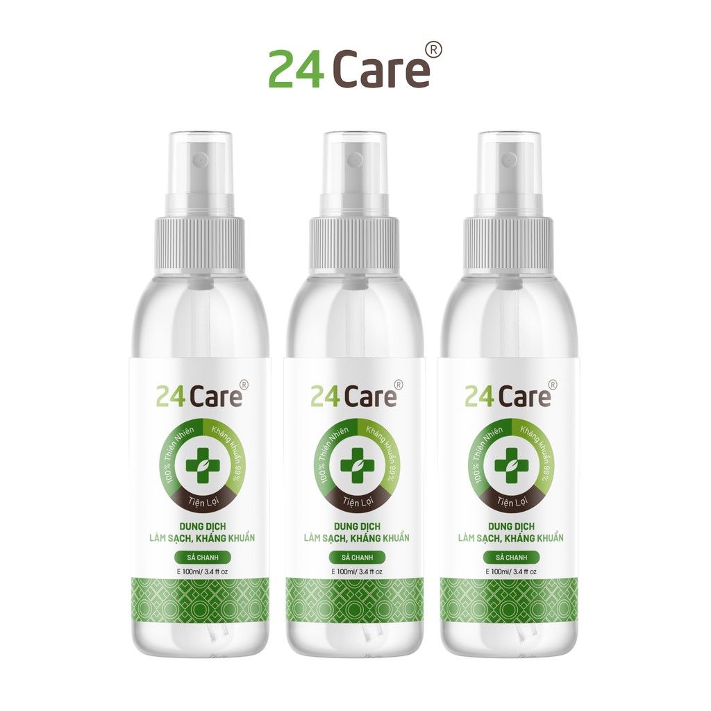 Combo 3 Xịt sát khuẩn Sả Chanh 24Care 100ml - làm sạch, kháng khuẩn