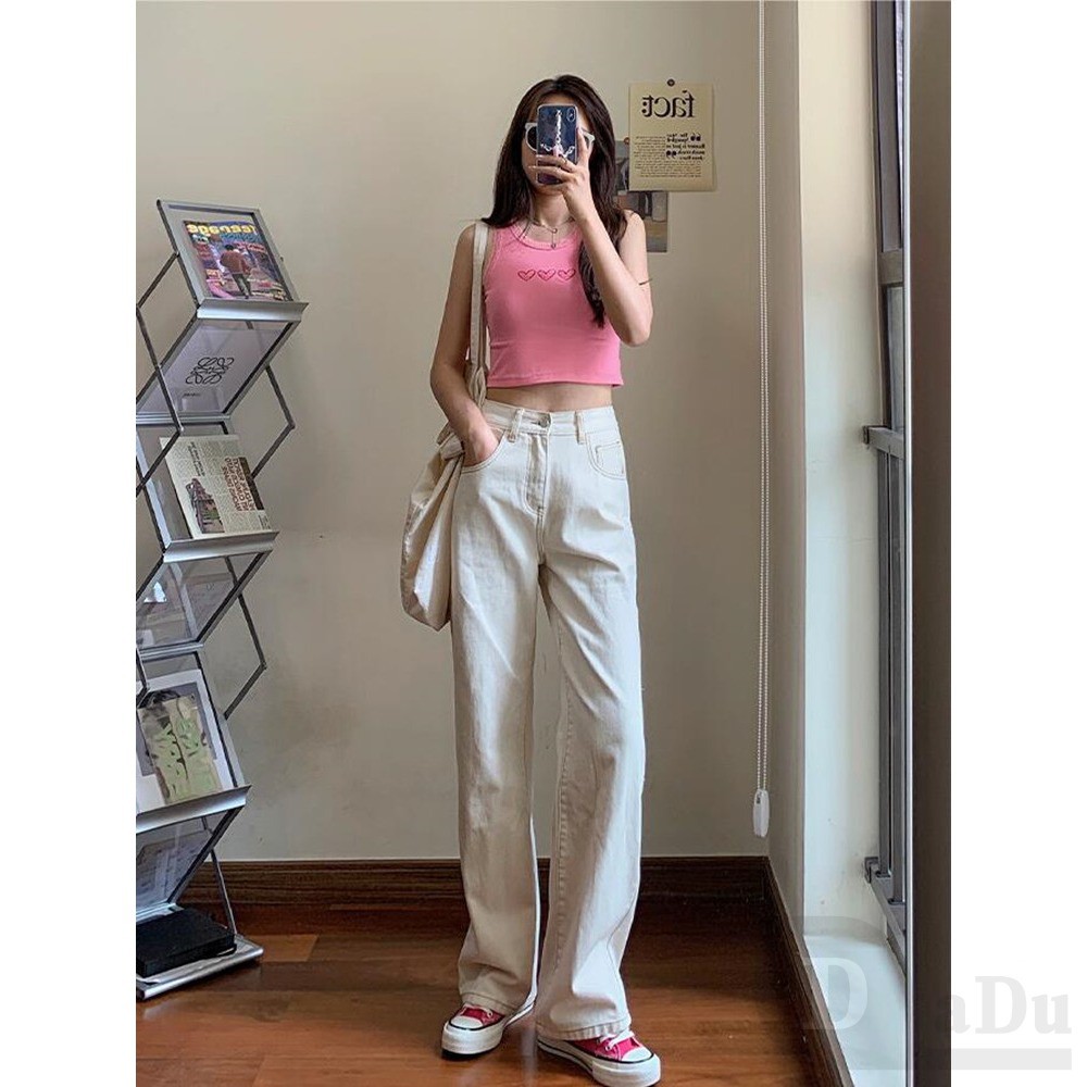 Daduhey Quần jeans dài ống rộng thời trang dễ phối đồ cho nữ PALAZZO