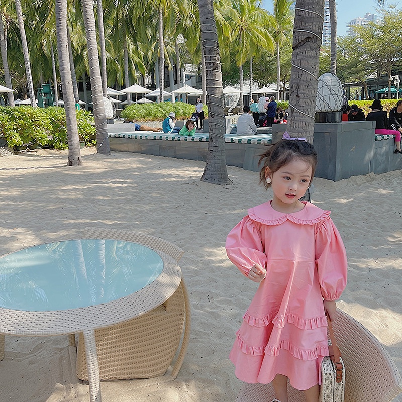 Đầm Công Chúa Tay Dài Cổ Búp Bê Màu Hồng Dễ Thương Dành Cho Bé Gái