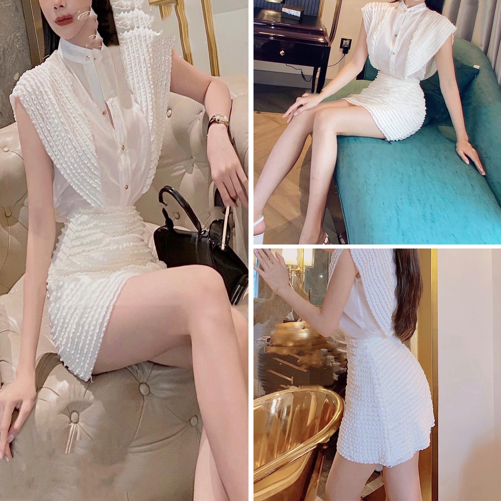 Set bộ ren xốp phối bèo sơ mi mix chân váy ngắn MIVOSA SV105