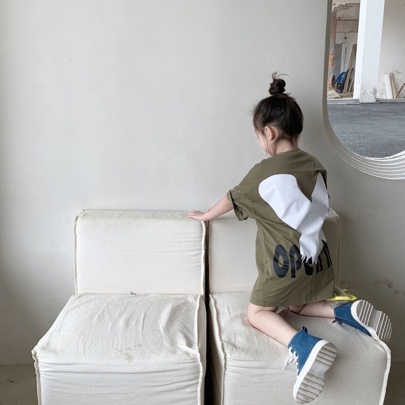 Đầm thun ngắn tay in họa tiết thời trang mùa hè cho bé gái